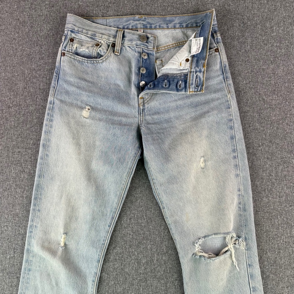 Levis Jeans Womens 27 501 Taper Light Wash Distressed Button Fly Denim